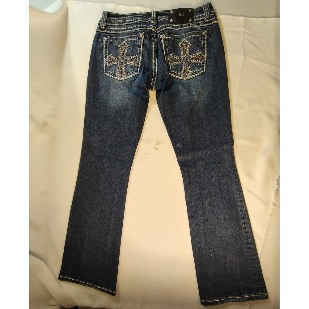 Miss Me JP5046B12V Bling Rhinestone Cross Y2K Western Pocket Bootcut Jeans 29x32